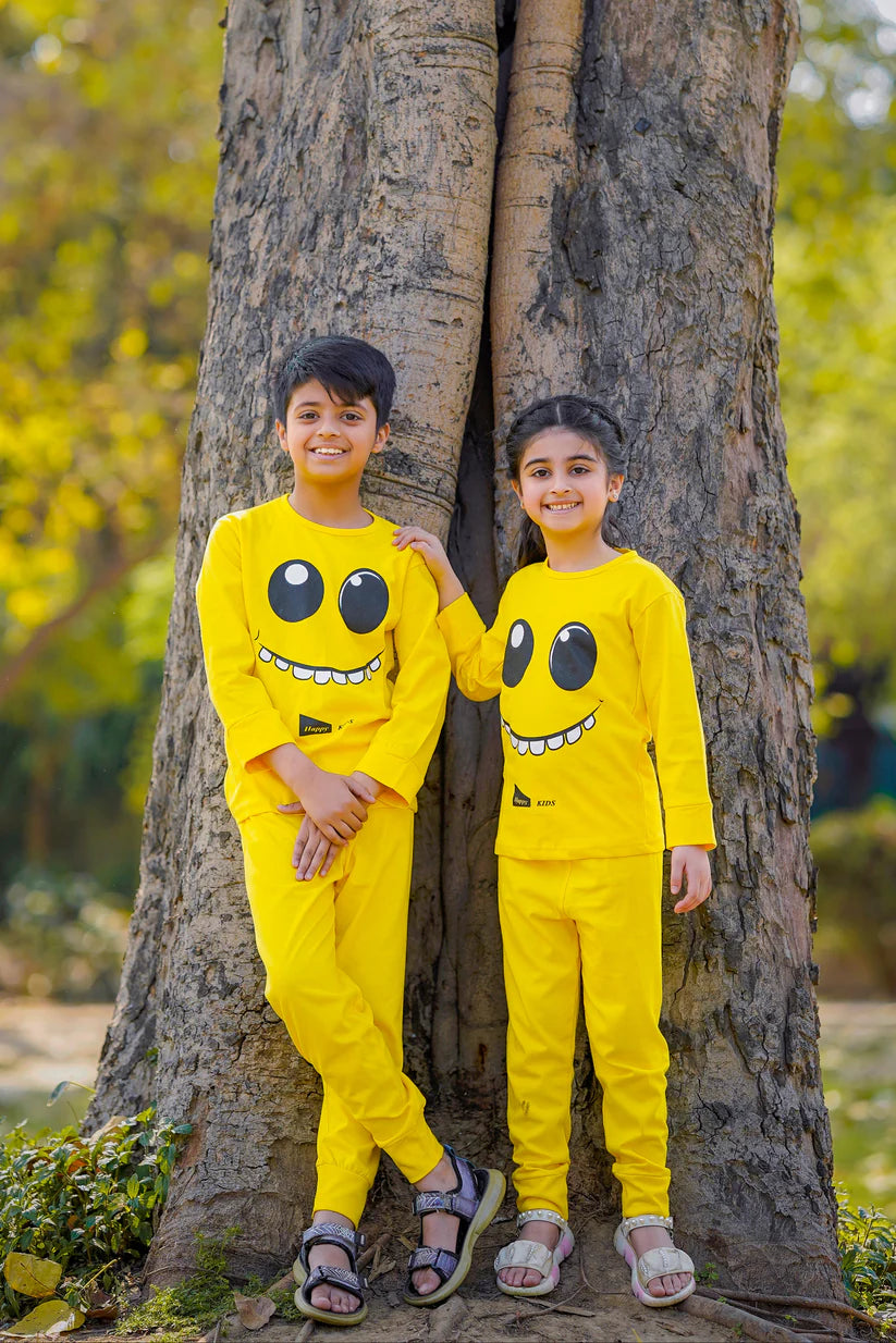 Yellow Smiley Printed Kids Winter Suit