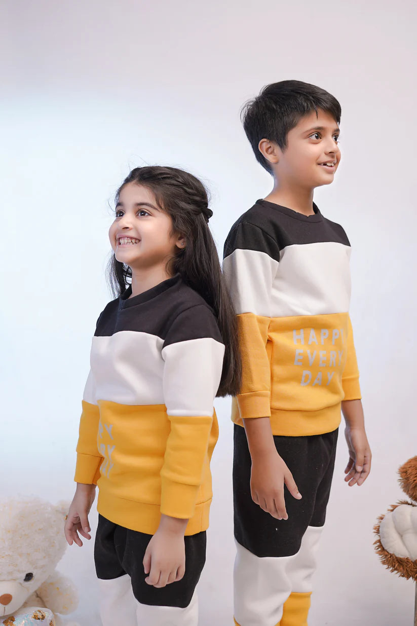 Black & Yellow Panel Happy Everyday Printed Kids Winter Suit