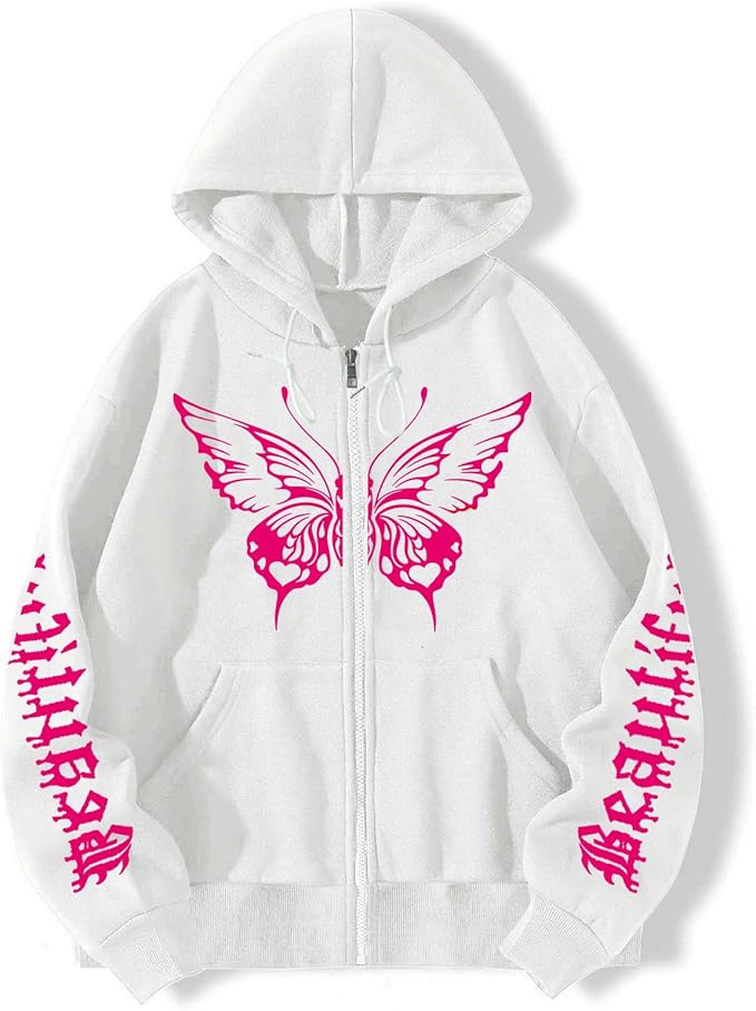 Winter Pink Butterfly Printed Zipper Hoodie For Women