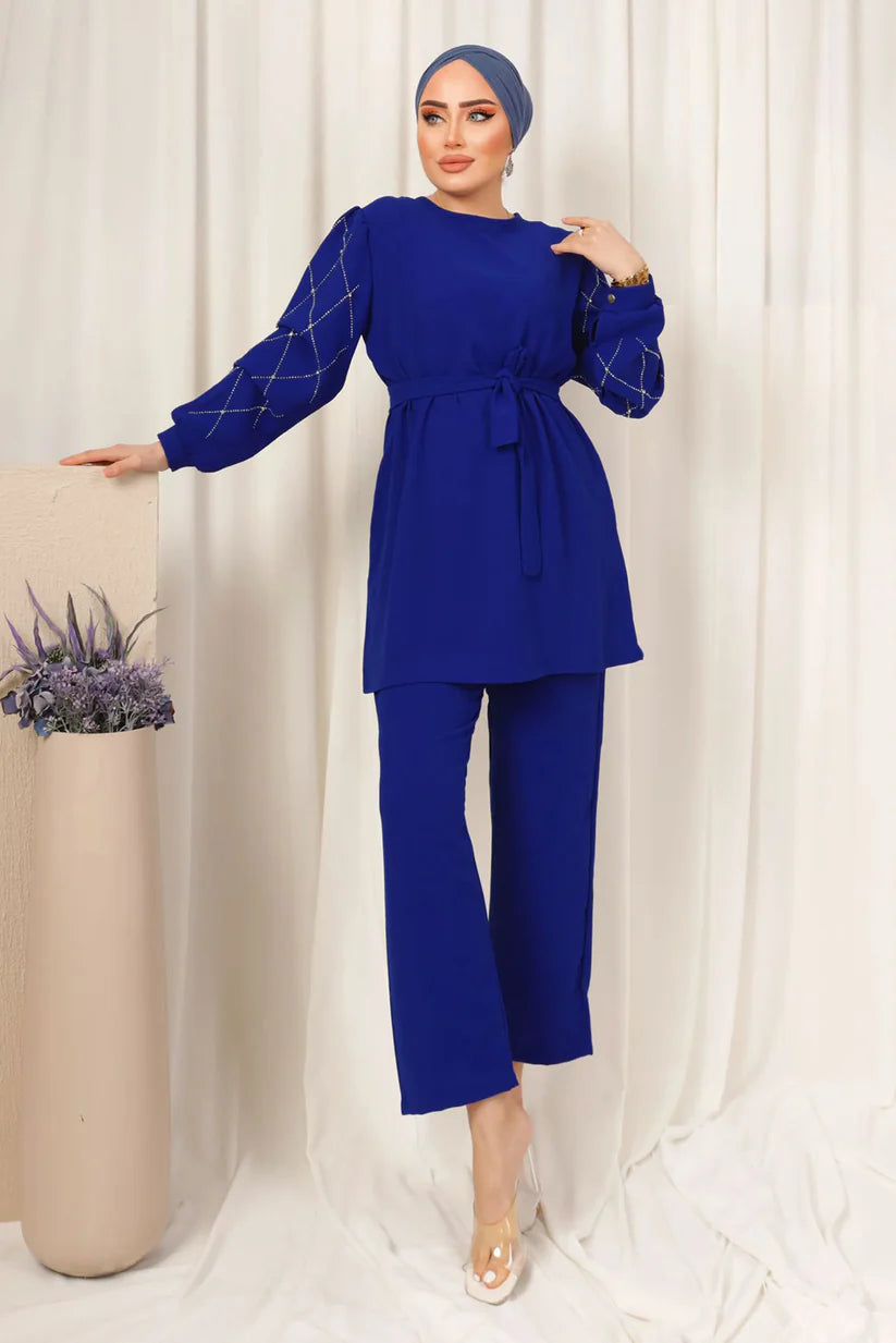 Winter Blue Diamond Printed Long Sleeves 2-Piece Co-Ord Set