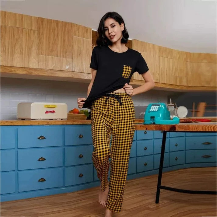 Yellow and Black Check Pocket Printed  summer  Night Suit
