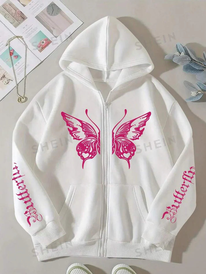 Winter Pink Butterfly Printed Zipper Hoodie For Women