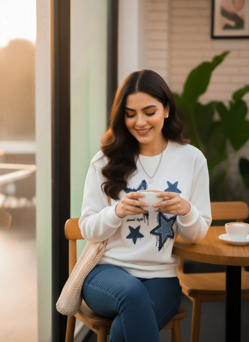 Winter Stars Printed White Sweatshirt