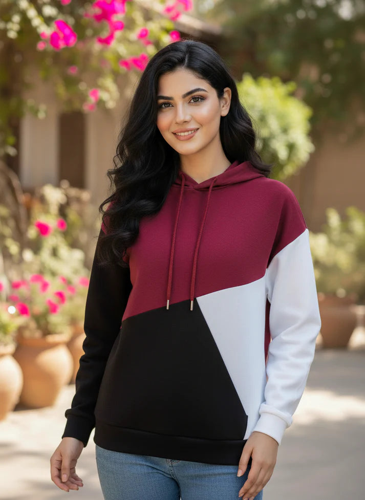 Winter Maroon Black Hoodie For Women
