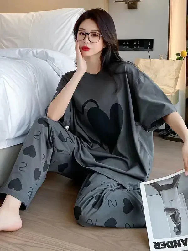 Grey Double Heart Half Sleeve Printed summer Night Suits