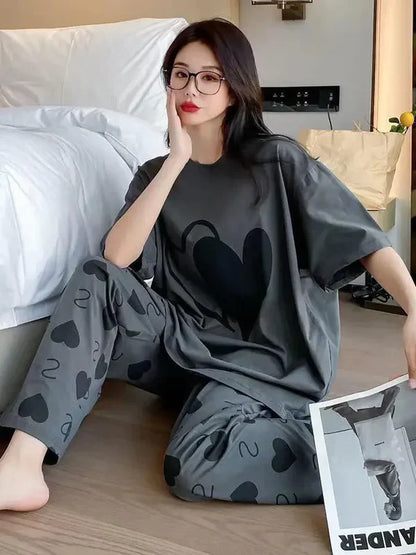 Grey Double Heart Half Sleeve Printed summer Night Suits