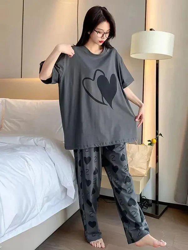 Grey Double Heart Half Sleeve Printed Night Suits