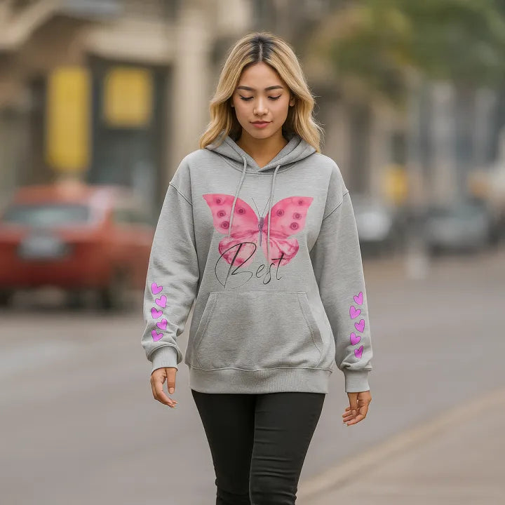 Pink Butterfly Printed Hoodie