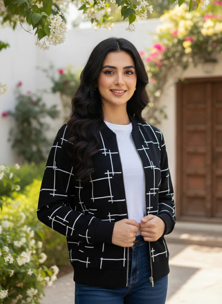 Winter Black Printed Zipper Jacket For Women