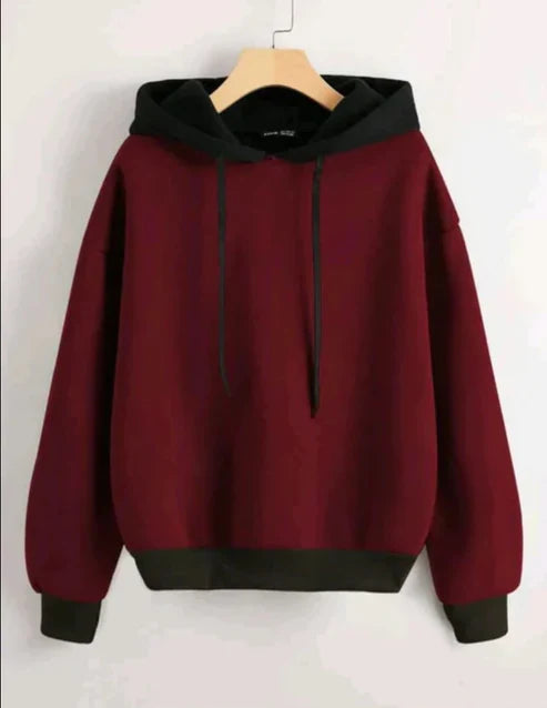 Winter Maroon With Black Basic Hoodie For Women