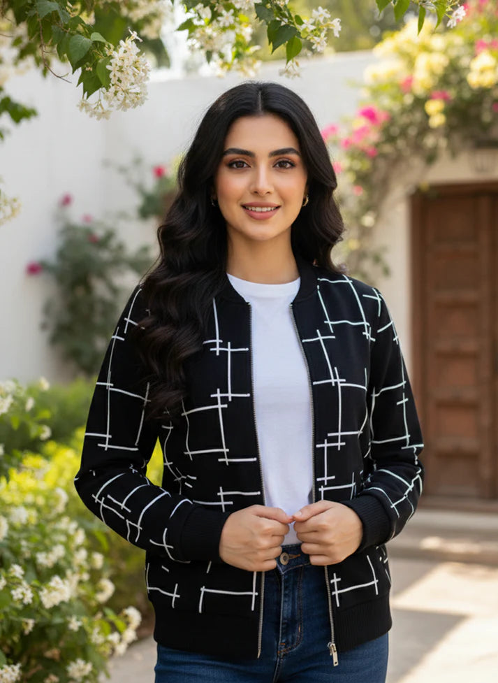 Winter Black Printed Zipper Jacket For Women