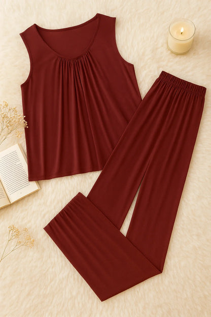 Plain Maroon Sando Tshirt With PLazo Pajama