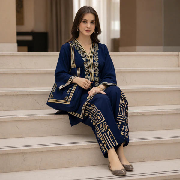 Blue Printed Stitched 2pc With Free Bag