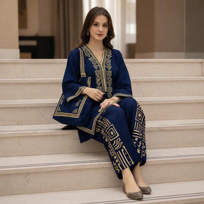 Blue Printed Stitched 2pc With Free Bag