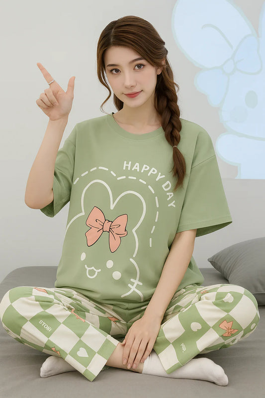 Olive Green Printed summer Night Suit