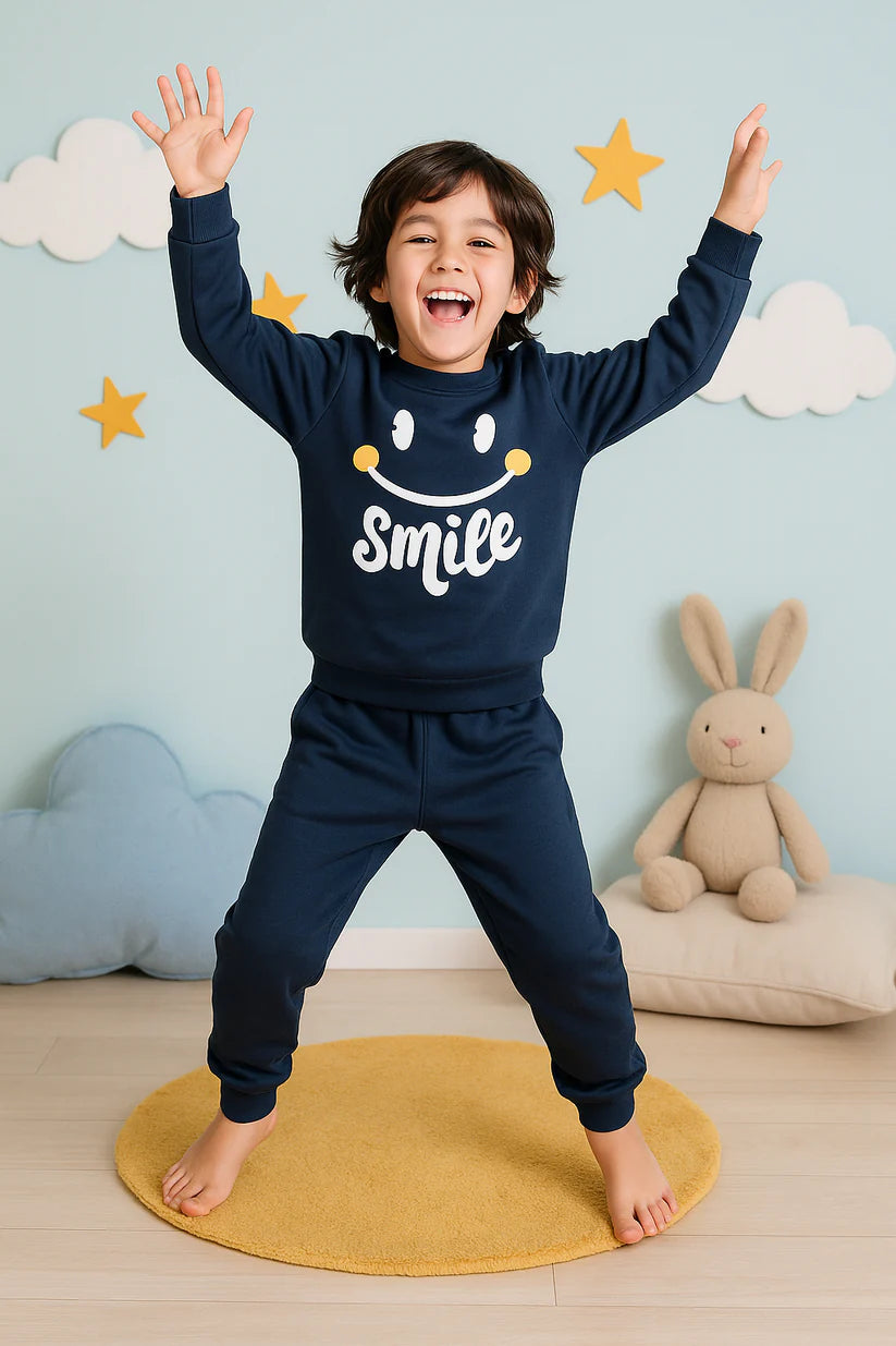 Navy Blue Smiley Printed Kids Winter Suit (Each)