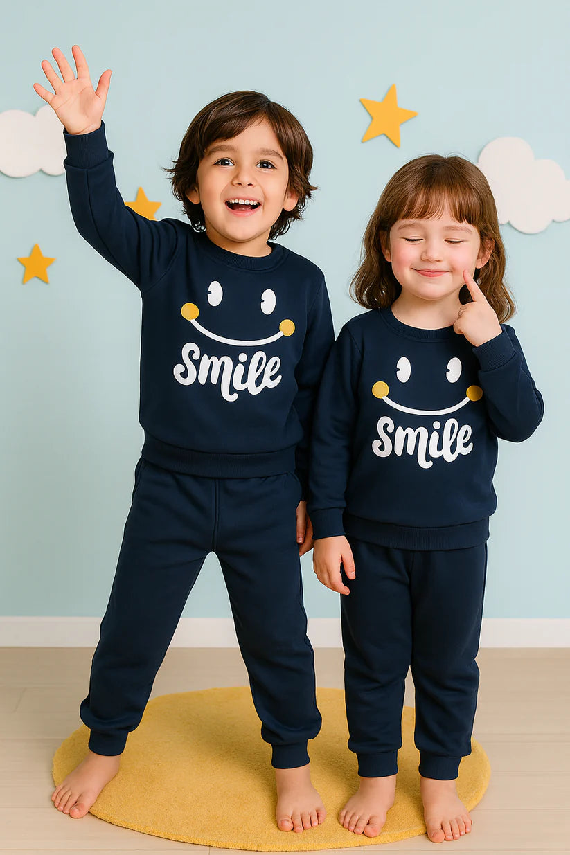 Navy Blue Smiley Printed Kids Winter Suit (Each)