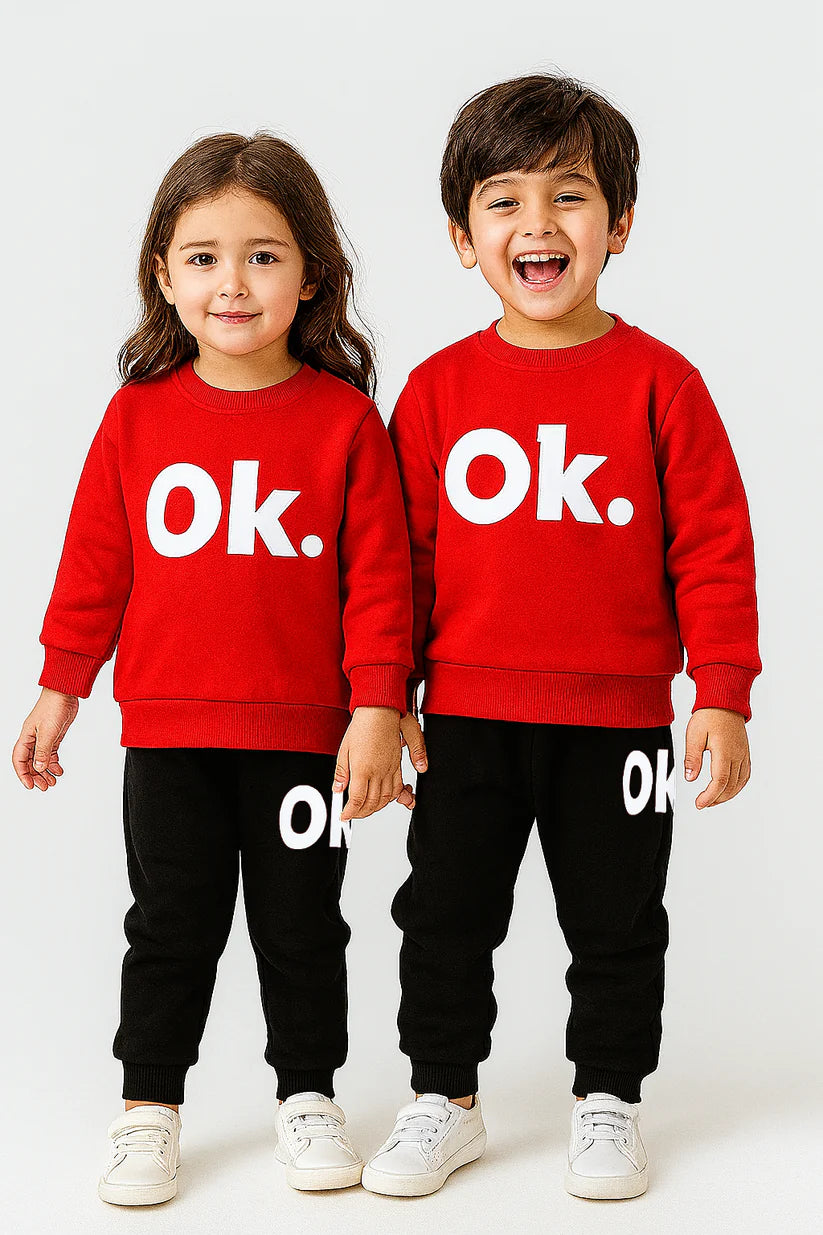 Red OK Printed Kids Winter Suit (Each)