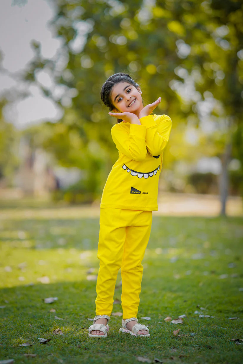 Yellow Smiley Printed Kids Winter Suit