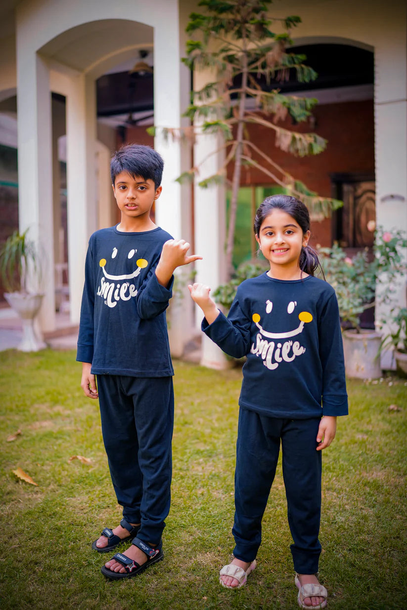 Navy Blue Smiley Printed Kids Winter Suit (Each)
