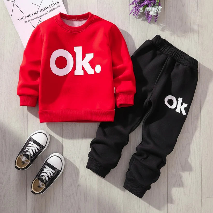 Red OK Printed Kids Winter Suit (Each)