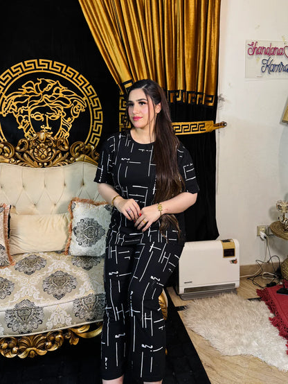 Black Capri Printed Summer Night Suit