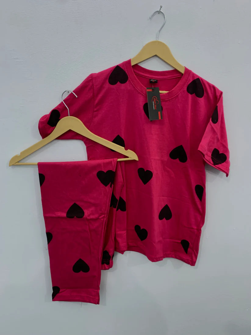 Black Multi Hearts Pink Printed Night Suit