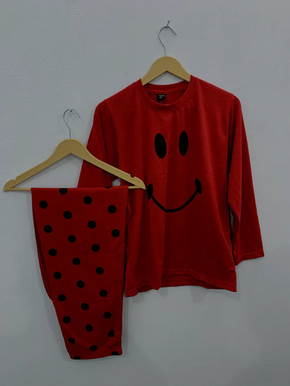 Red Smiley Printed Summer Night Suit