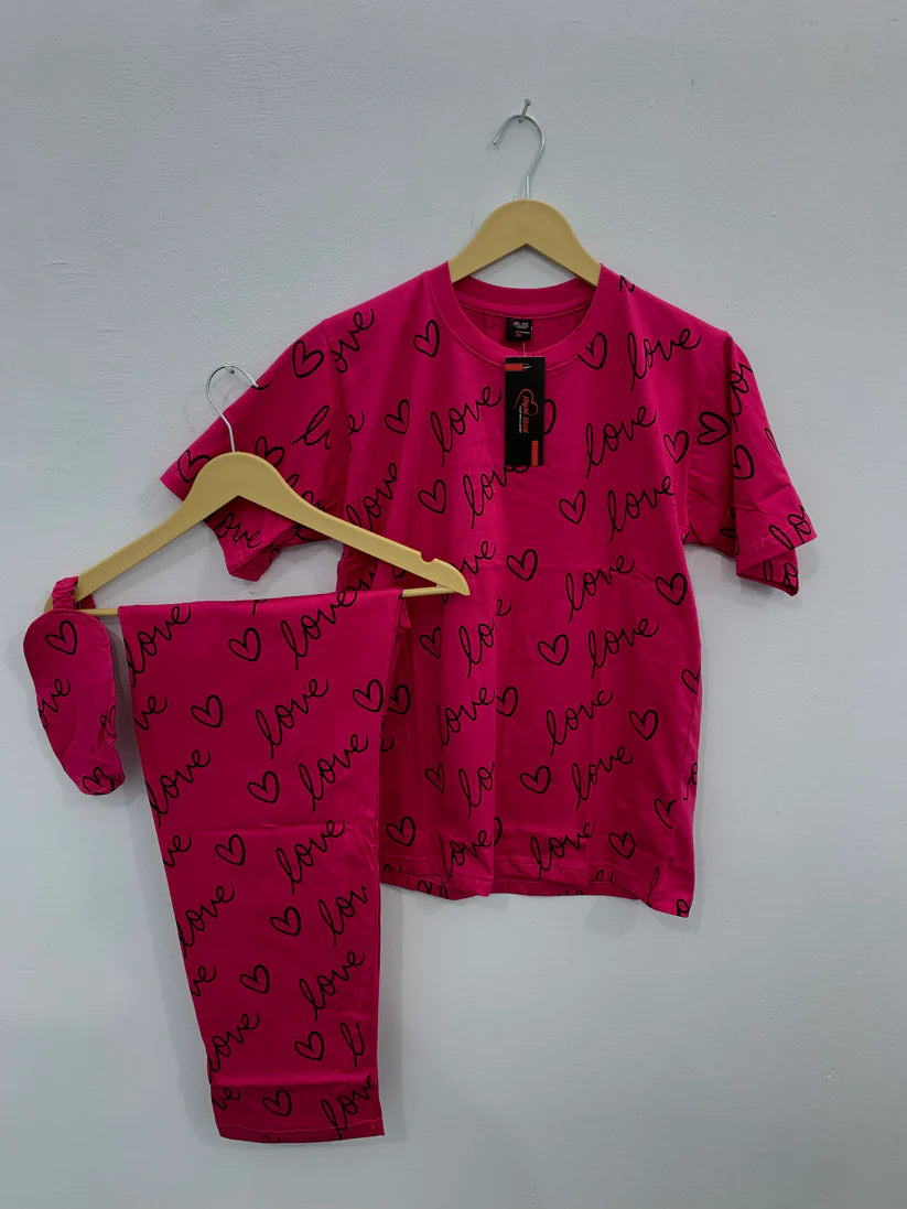 Love Heart Printed Summer Night Suit