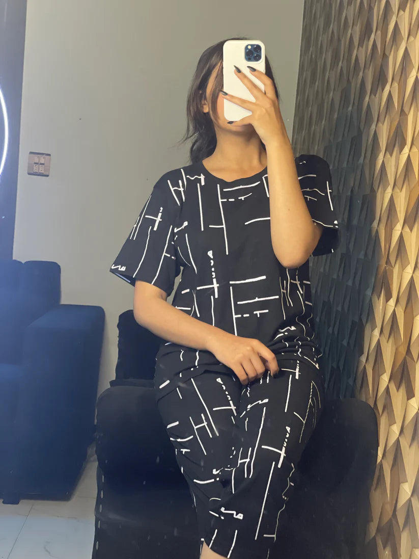 Black Capri Printed Summer Night Suit