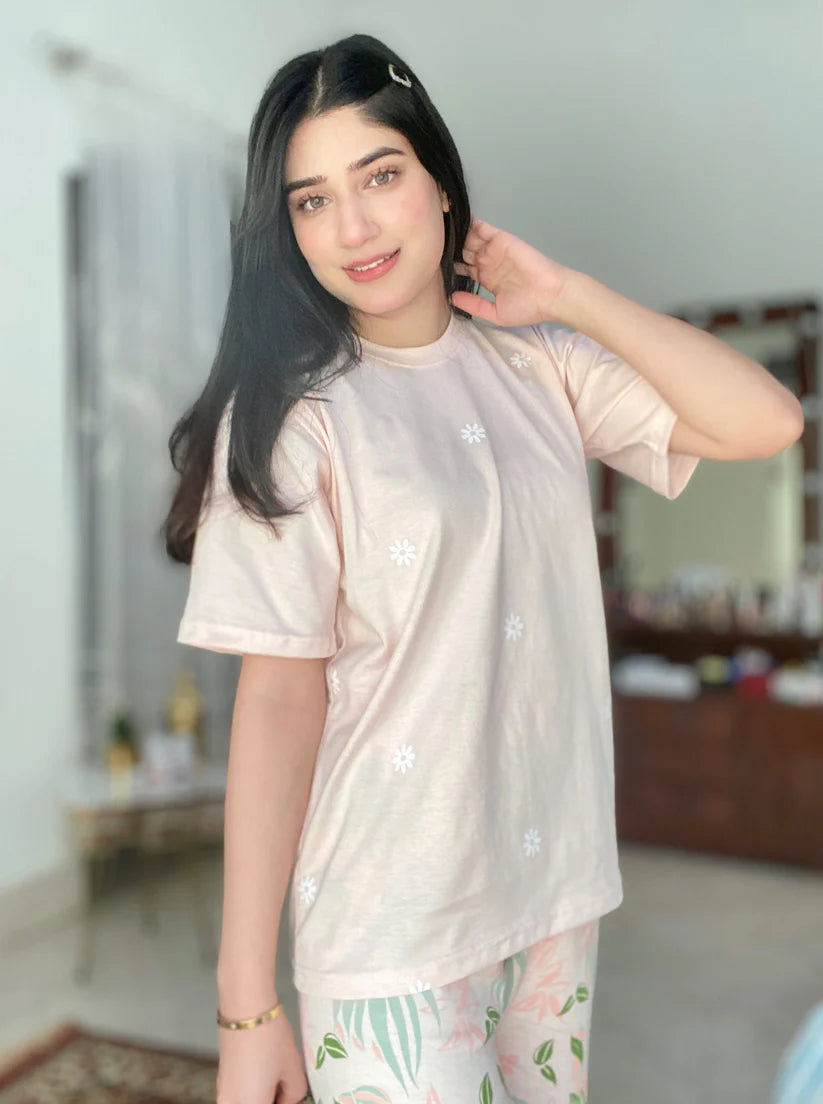 Peach Pajama Printed Summer Night Suit