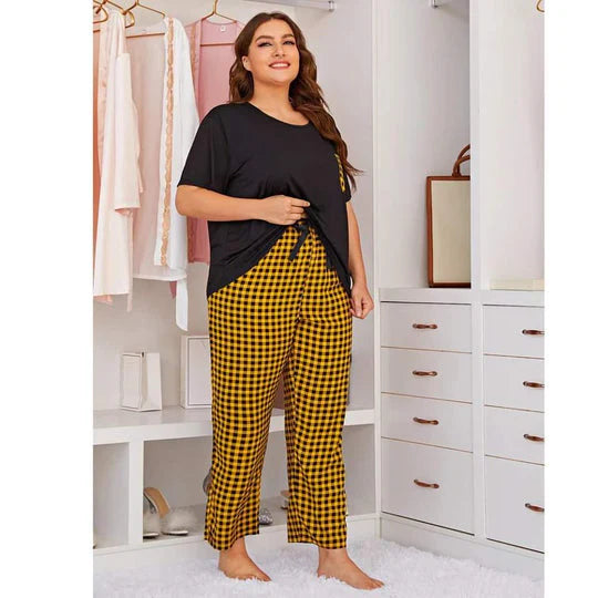Yellow and Black Check Pocket Printed Night Suit
