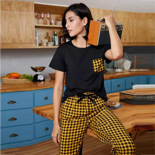 Yellow and Black Check Pocket Printed  summer  Night Suit