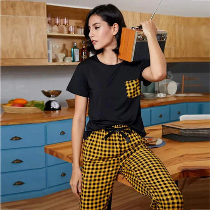 Yellow and Black Check Pocket Printed  summer  Night Suit