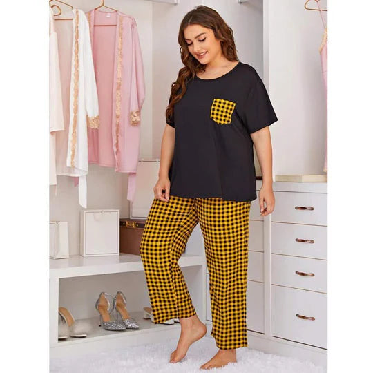 Yellow and Black Check Pocket Printed  summer  Night Suit