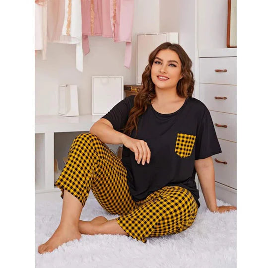 Yellow and Black Check Pocket Printed Night Suit