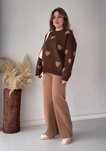 Winter Heart Printed Long Sleeves 2PCs Co-Ord Set