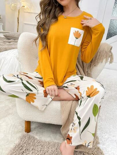 Yellow Flower Pocket Printed Summer Night Suit