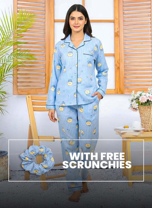 Imported Linen Printed Sky Blue Snow PJ Set-LP1