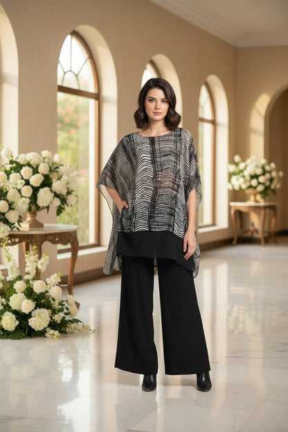 Black & White Printed Chiffon Layered Suit