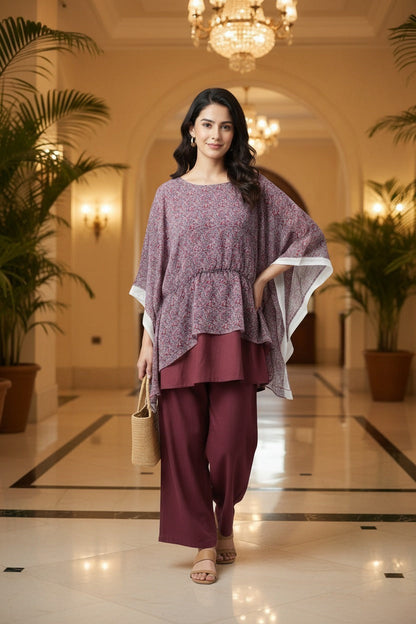 Lavender Floral Kaftan with Plum Wide-Leg Pants