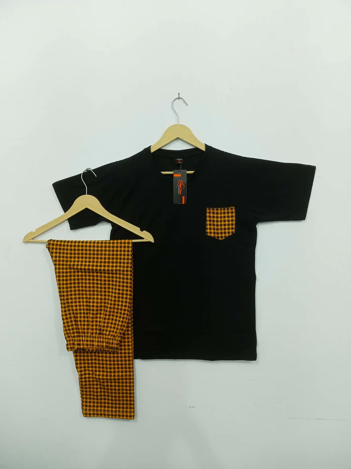 Yellow and Black Check Pocket Printed  summer  Night Suit