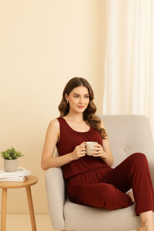 Plain Maroon Sando Tshirt With PLazo Pajama