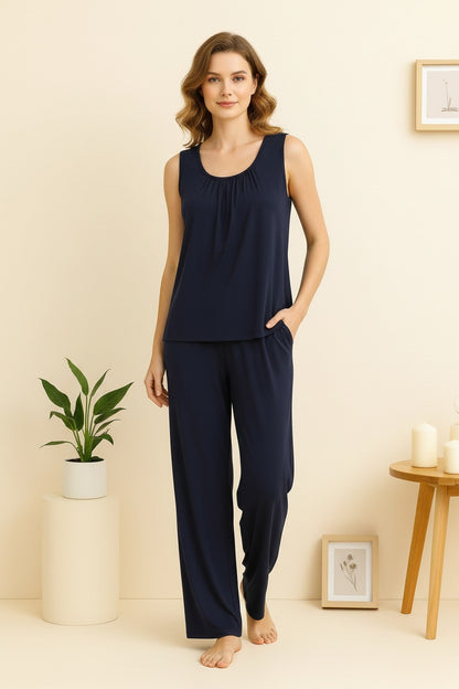 Plain Dark Blue Sando Tshirt With PLazo Pajama (Half Seleeve)
