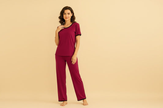 Plain Red Tshirt With Black Round Neck And PLazo Pajama (Half Seeleve)