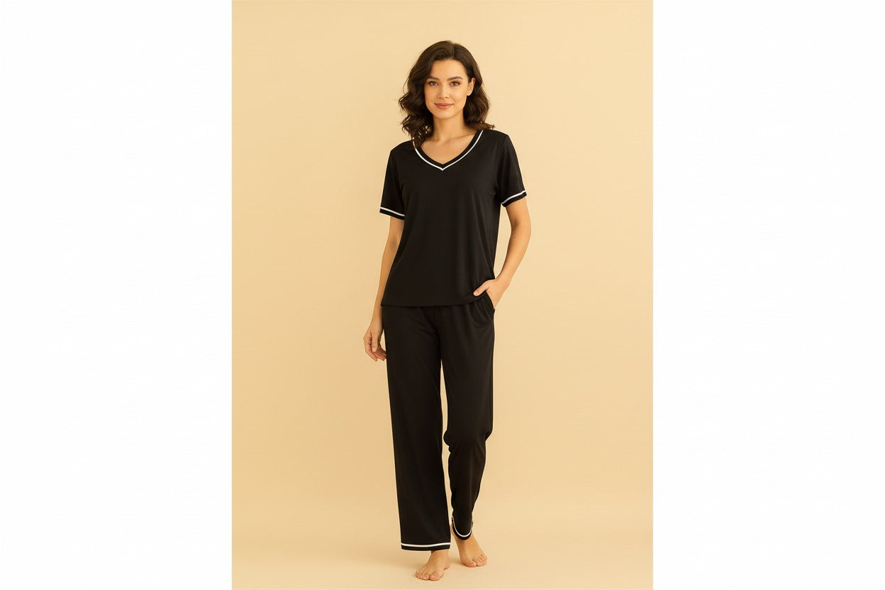 Plain Black Tshirt With White Round Neck And PLazo Pajama (Half Seeleve)