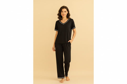 Plain Black Tshirt With White Round Neck And PLazo Pajama (Half Seeleve)