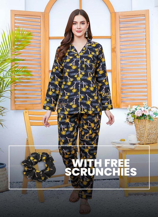 Imported Linen Printed Yellow Tree Shade PJ Set-LP30
