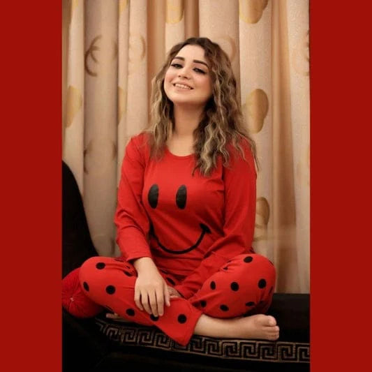 Red Smiley Printed Summer Night Suit