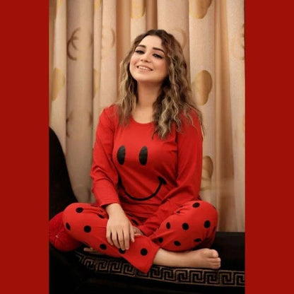 Red Smiley Printed Summer Night Suit